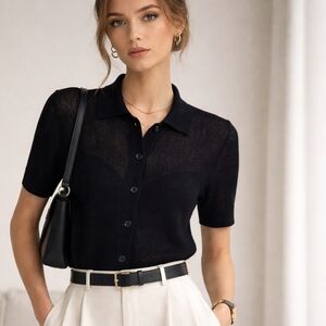 Akris Punto Black Short-Sleeve Knit Button-Down Shirt